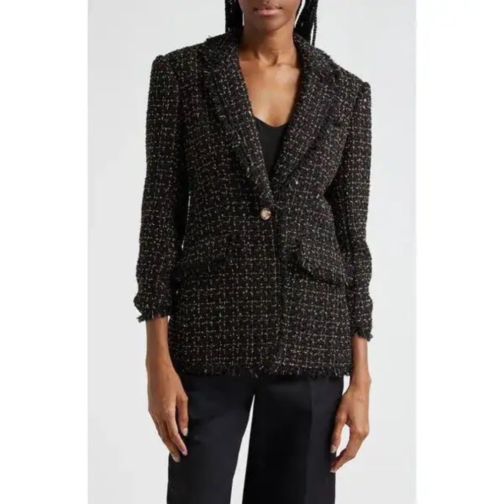Cinq A Sept Sylvie Metallic Tweed Blazer Womens 10 Black Gold Fringe Trim Sequin